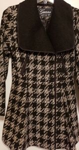 Guess Black and White Houndstooth Tweed Pea Coat